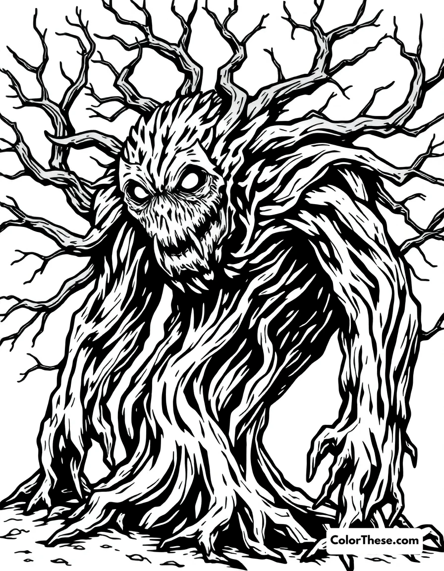 Free printable tree monster coloring page for kids and adults. A monster made of twisted tree branches.