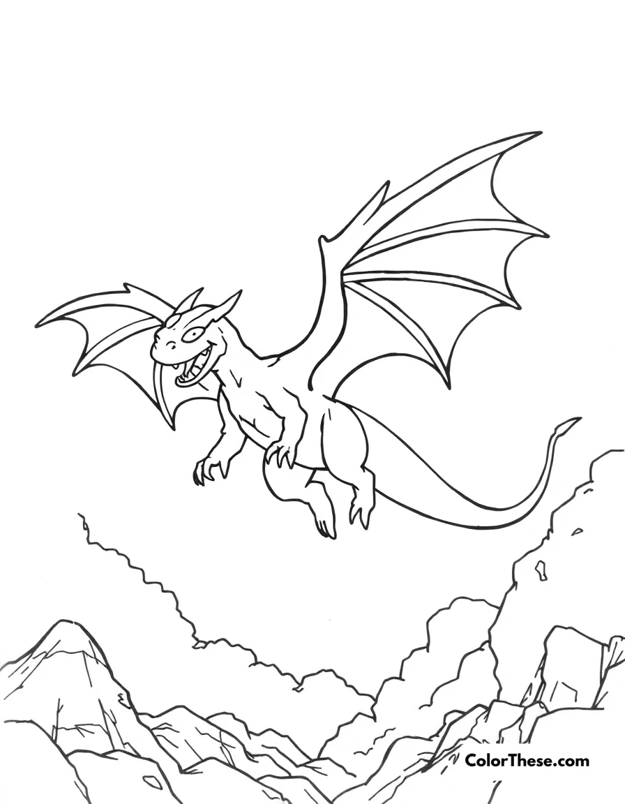 Free printable winged monster coloring page for kids and adults. A winged monster flying in the sky.