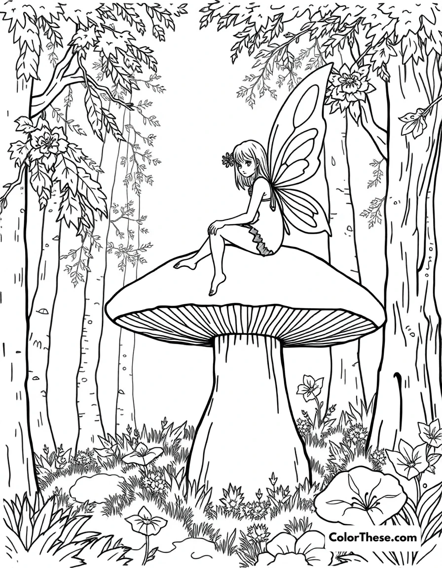Free printable fairy sitting on a mushroom coloring page for kids and adults. A fairy sitting on a large mushroom in a forest.
