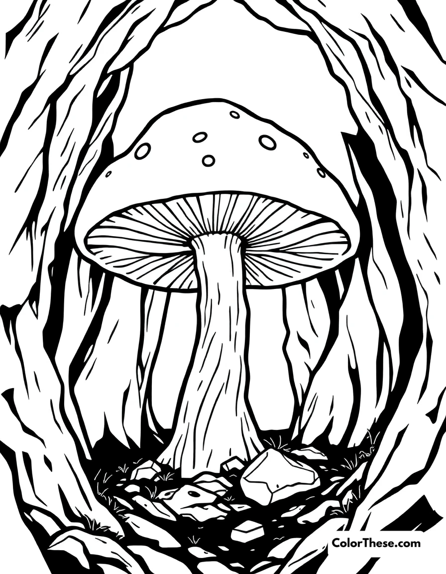 Free printable giant mushroom in a cave coloring page for kids and adults. A giant mushroom growing in a dark cave.