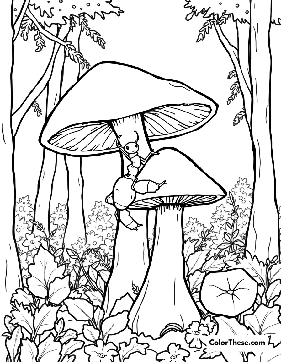 Free printable mushroom and ant scene coloring page for kids and adults. An ant climbing a mushroom in a forest.