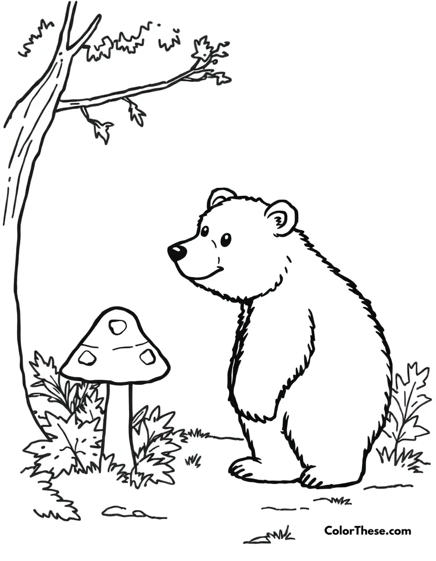 Free printable mushroom and bear scene coloring page for kids and adults. A bear standing near a mushroom in a forest.