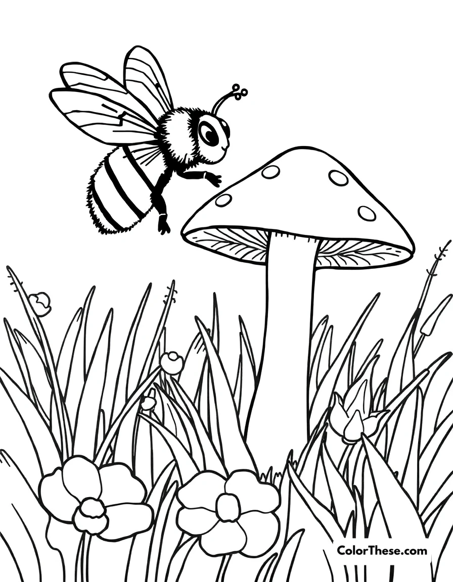 Free printable mushroom and bee scene coloring page for kids and adults. A bee flying near a mushroom in a meadow.