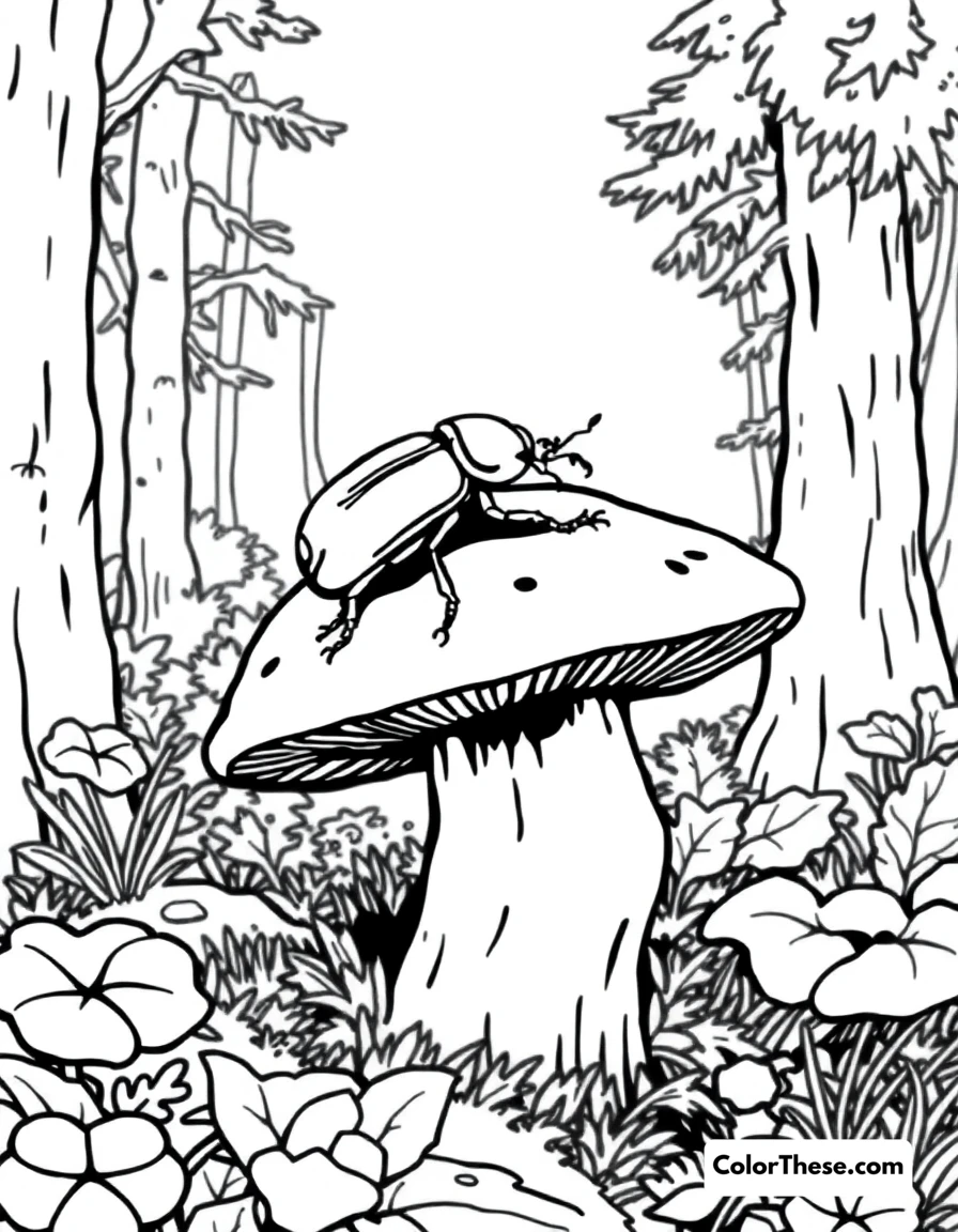 Free printable mushroom and beetle scene coloring page for kids and adults. A beetle crawling on a mushroom in a forest.