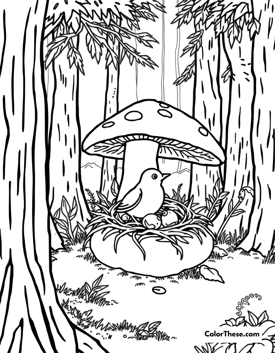 Free printable mushroom and bird nest scene coloring page for kids and adults. A bird nesting near a mushroom in a forest.