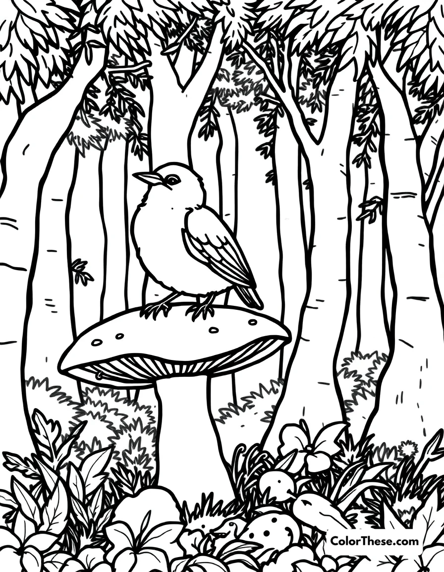 Free printable mushroom and bird scene coloring page for kids and adults. A bird perched on a mushroom in a forest.