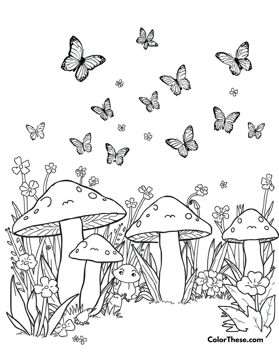 Free printable mushroom and butterfly garden scene coloring page for kids and adults. A garden of mushrooms with butterflies flying around.