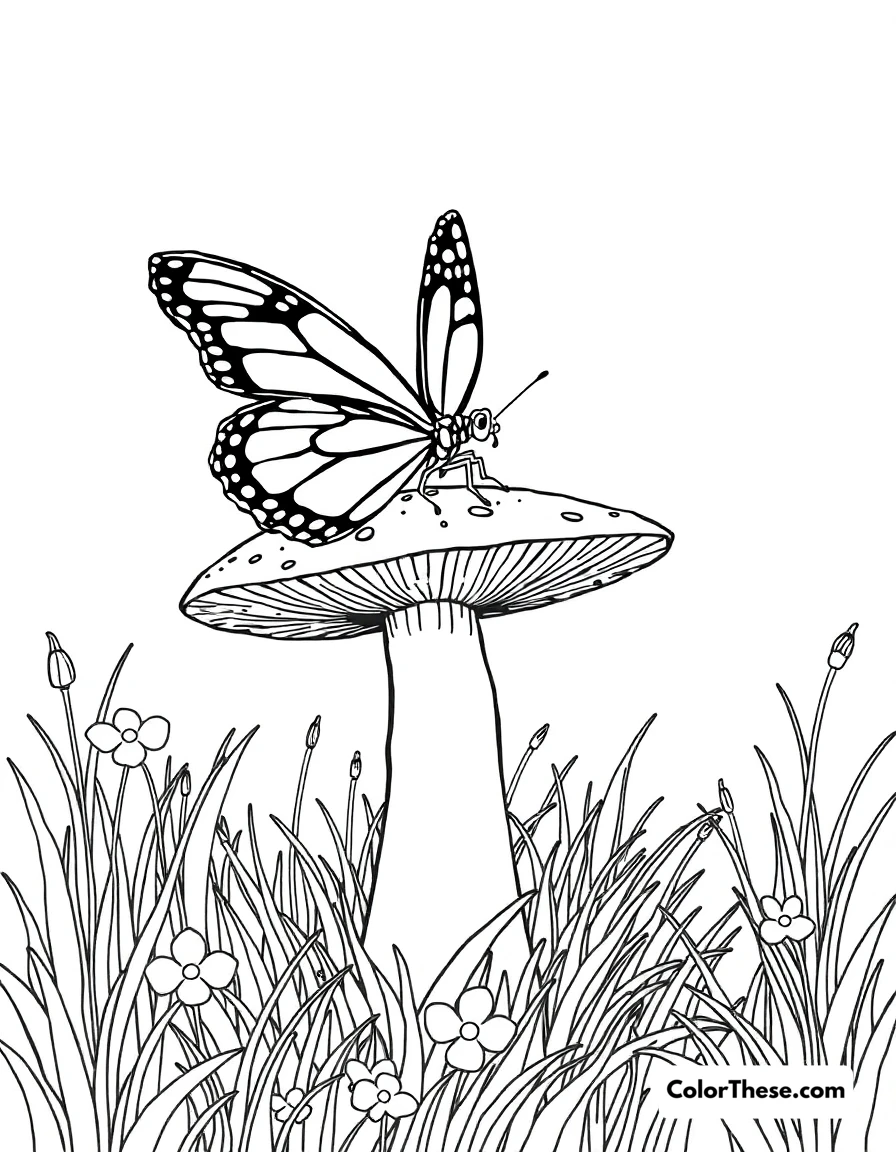 Free printable mushroom and butterfly scene coloring page for kids and adults. A butterfly resting on a mushroom in a meadow.