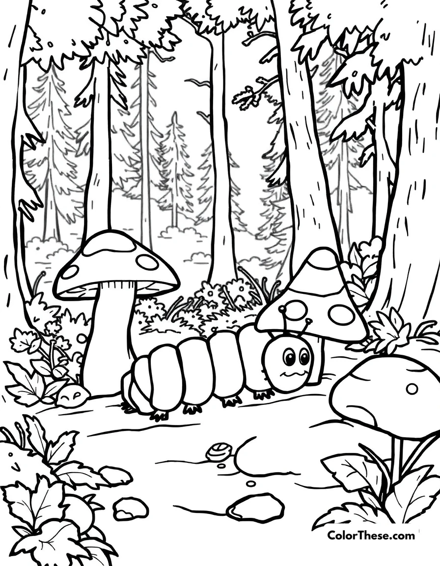 Free printable mushroom and caterpillar scene coloring page for kids and adults. A caterpillar crawling near a mushroom in a forest.