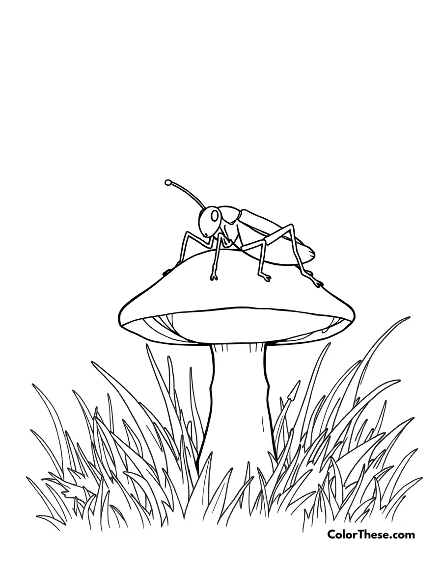 Free printable mushroom and cricket scene coloring page for kids and adults. A cricket resting on a mushroom in a meadow.
