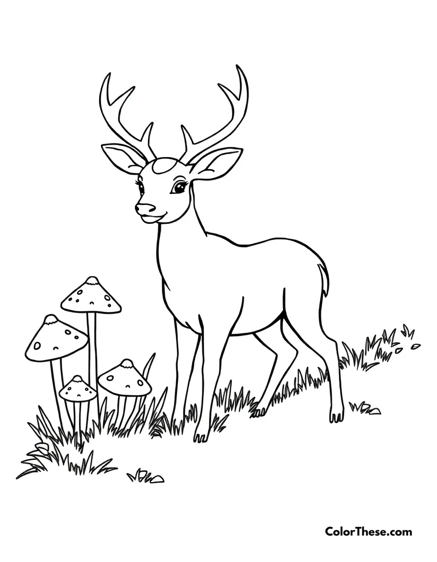 Free printable mushroom and deer meadow scene coloring page for kids and adults. A deer standing near mushrooms in a meadow.