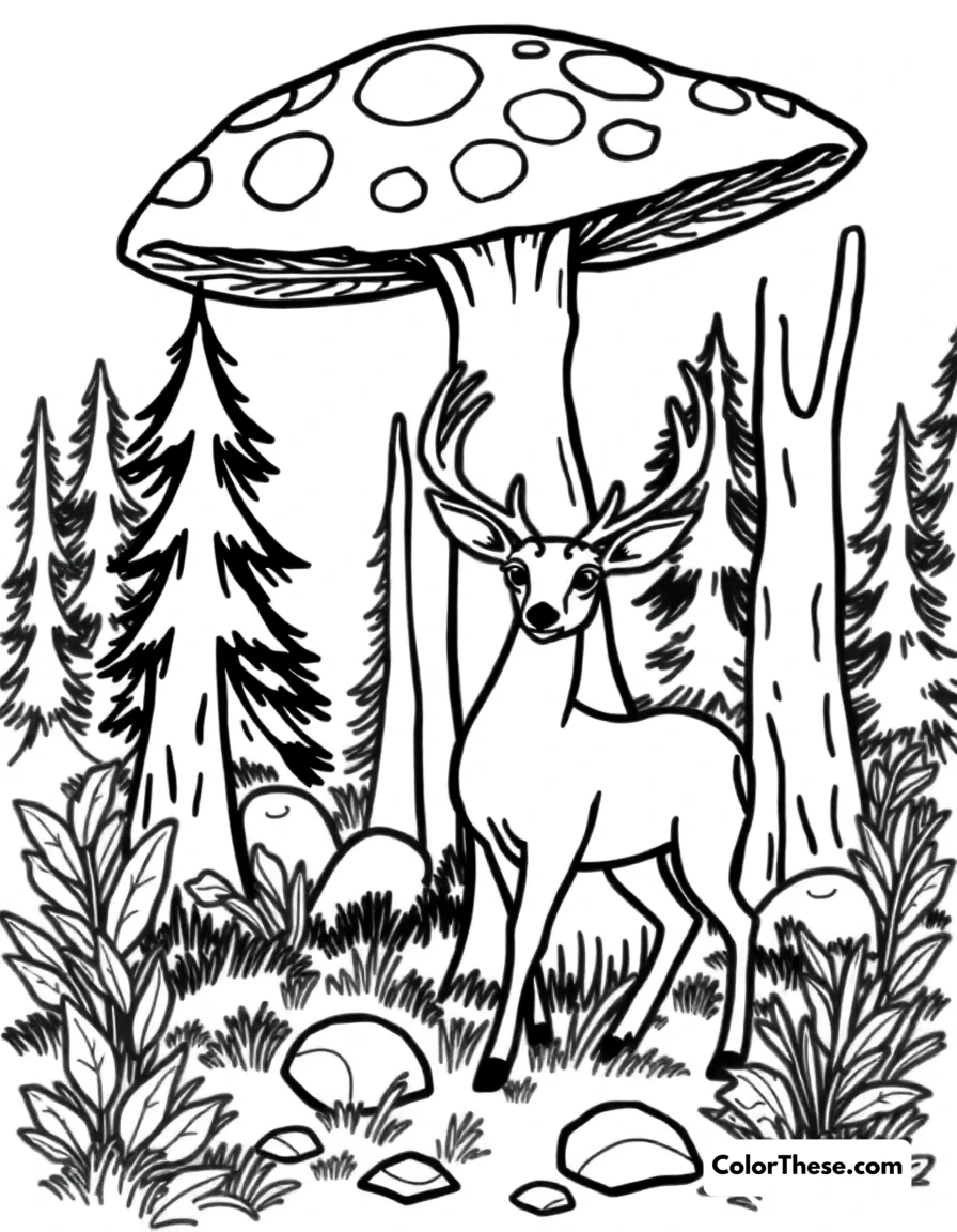 Free printable mushroom and deer scene coloring page for kids and adults. A deer standing near a large mushroom in a forest.