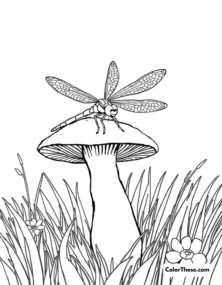 Free printable mushroom and dragonfly scene coloring page for kids and adults. A dragonfly resting on a mushroom in a meadow.
