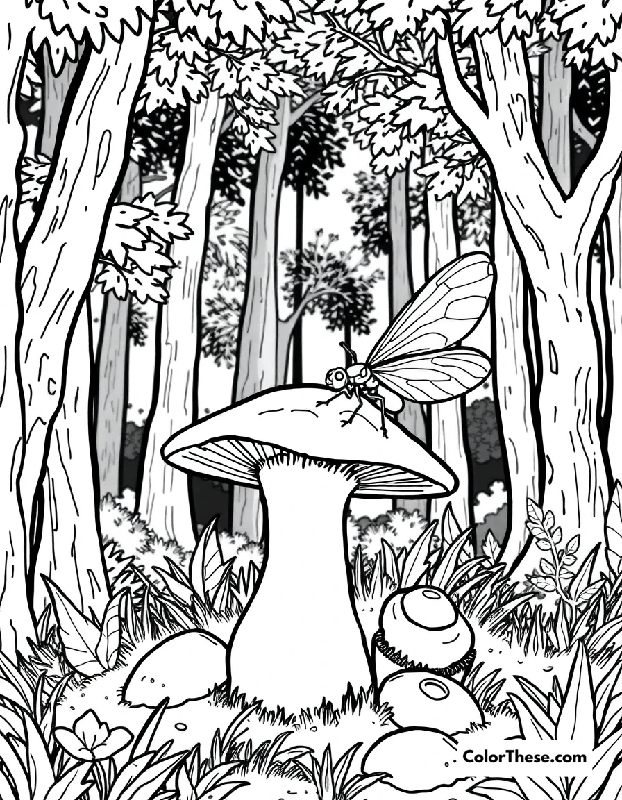Free printable mushroom and firefly scene coloring page for kids and adults. A firefly resting on a mushroom in a forest.