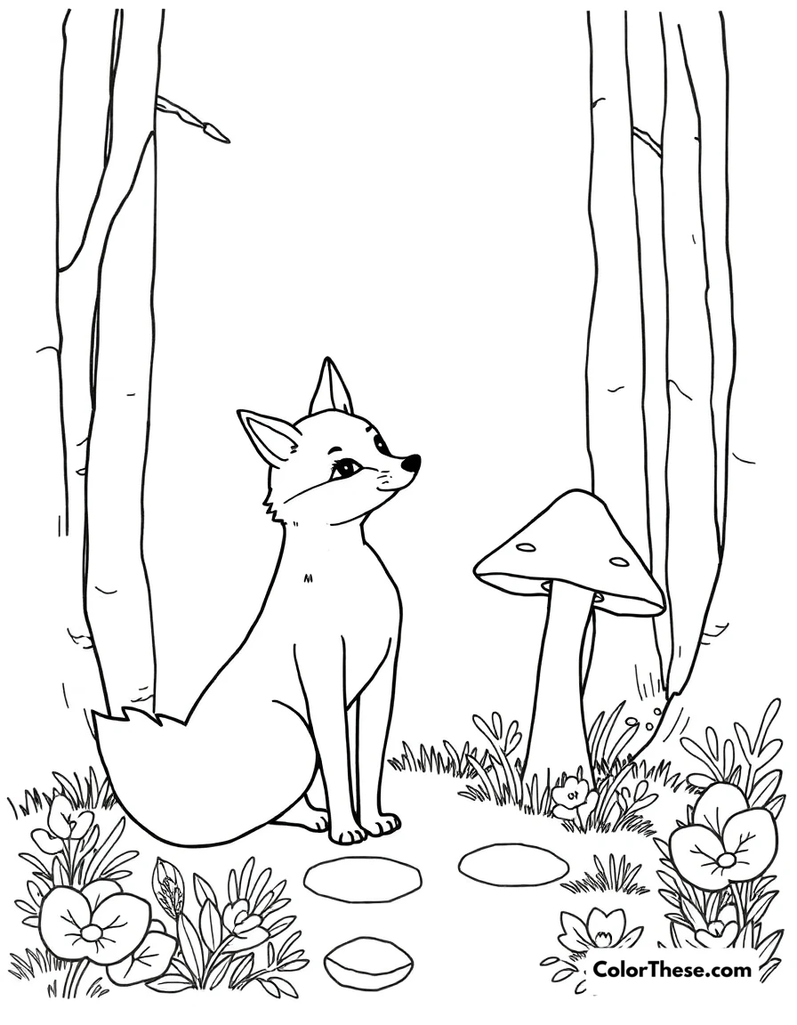 Free printable mushroom and fox scene coloring page for kids and adults. A fox standing near a mushroom in a forest.