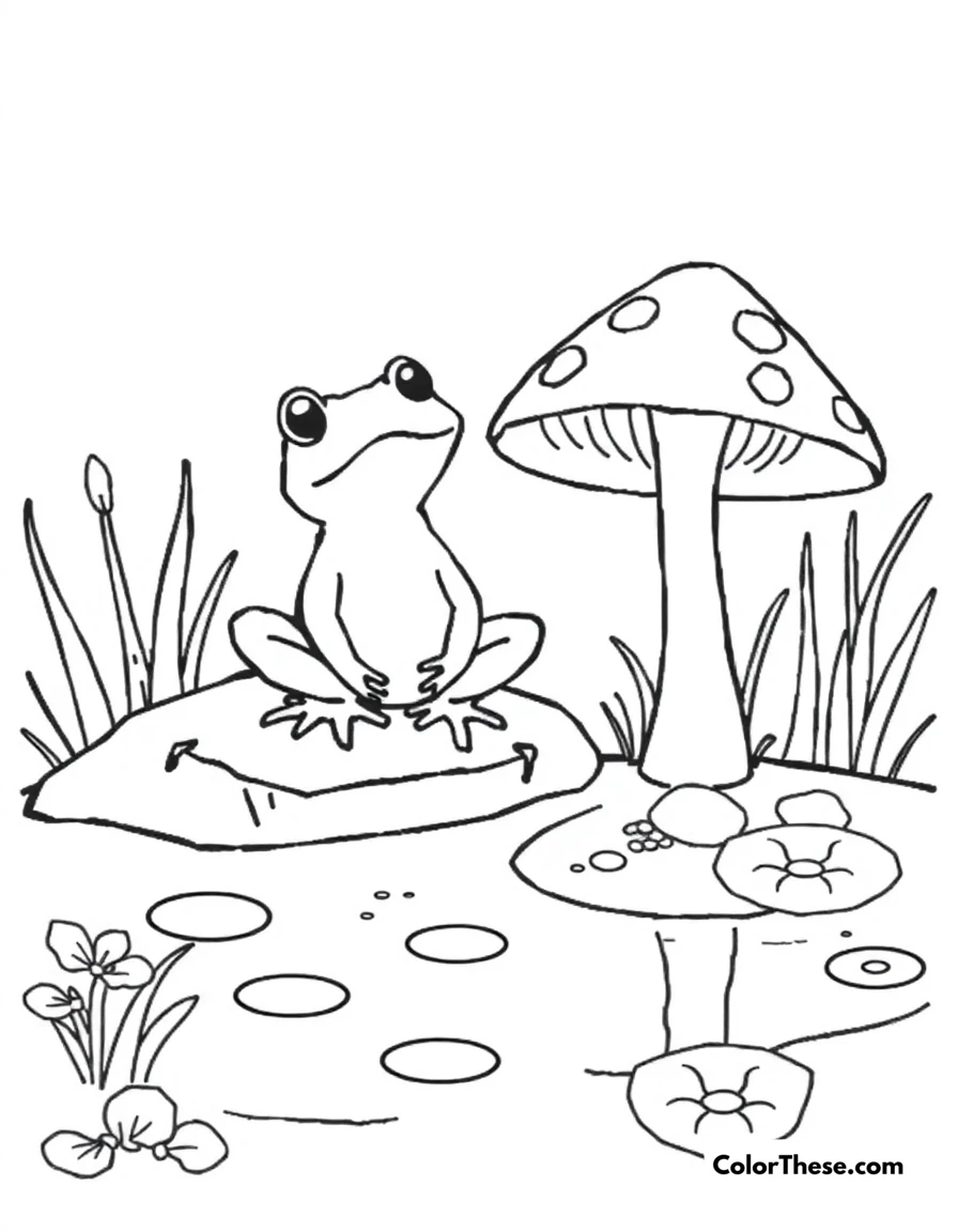Free printable mushroom and frog pond scene coloring page for kids and adults. A frog sitting near a mushroom by a pond.