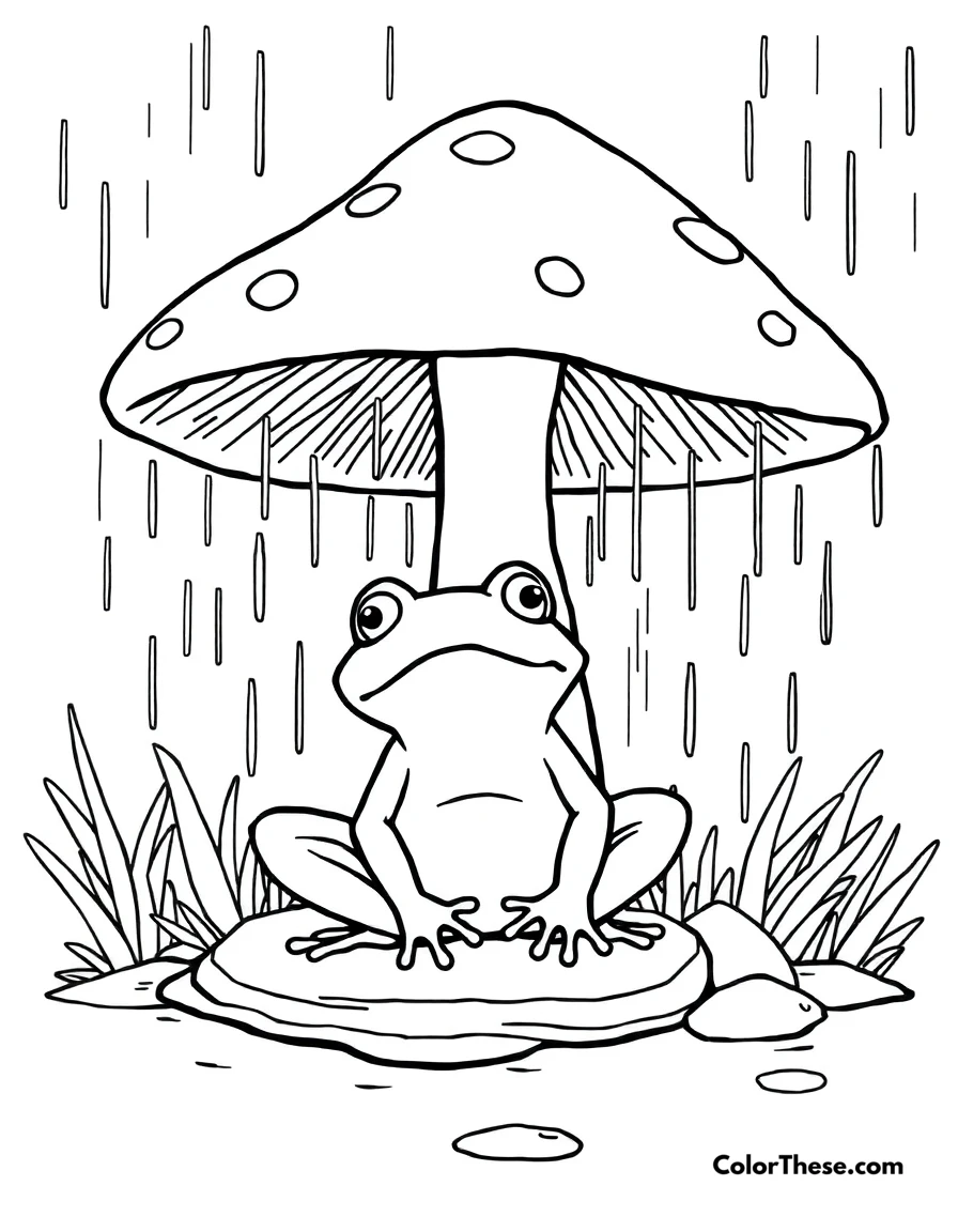 Free printable mushroom and frog scene coloring page for kids and adults. A frog sitting under a large mushroom in the rain.