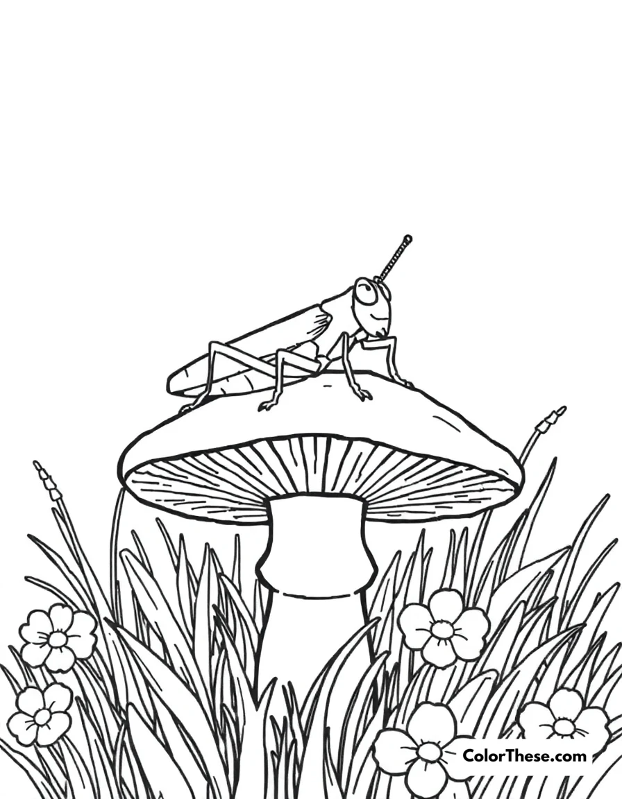 Free printable mushroom and grasshopper scene coloring page for kids and adults. A grasshopper resting on a mushroom in a meadow.