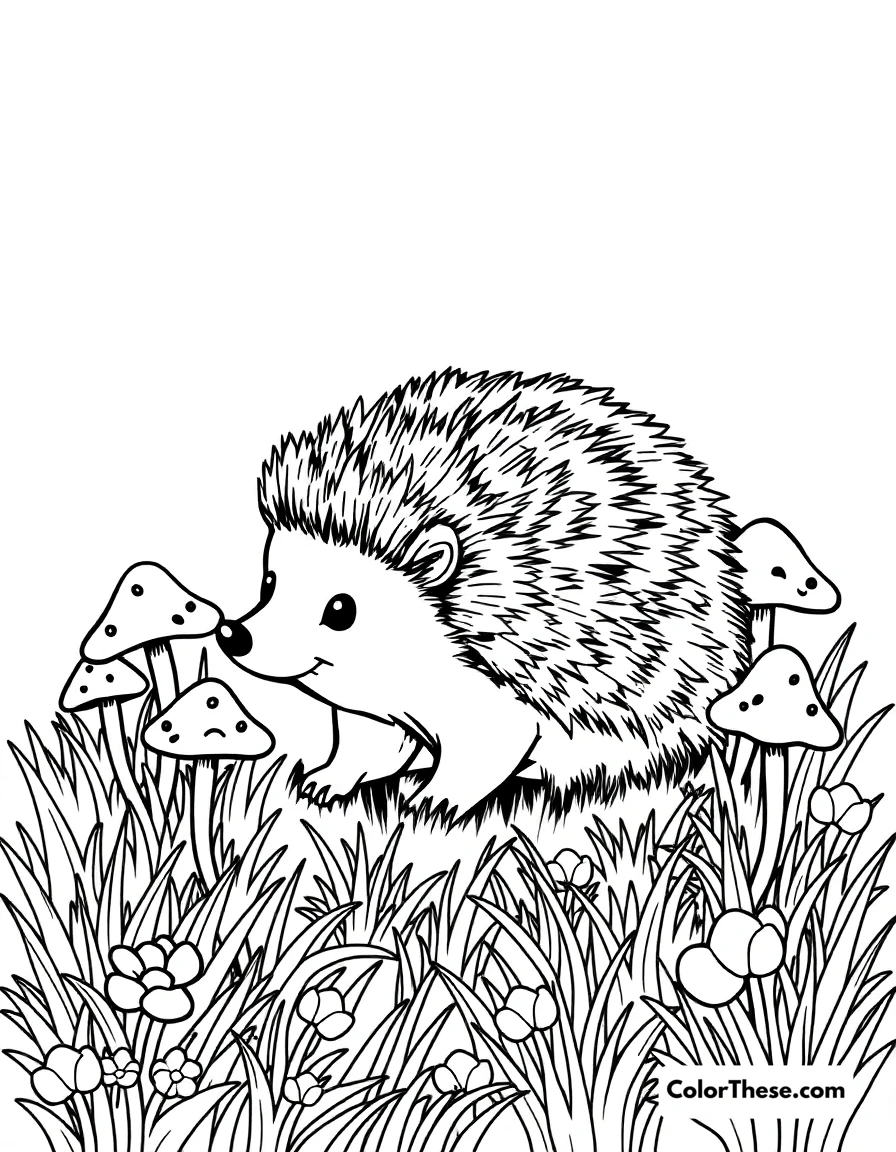Free printable mushroom and hedgehog meadow scene coloring page for kids and adults. A hedgehog near mushrooms in a meadow.