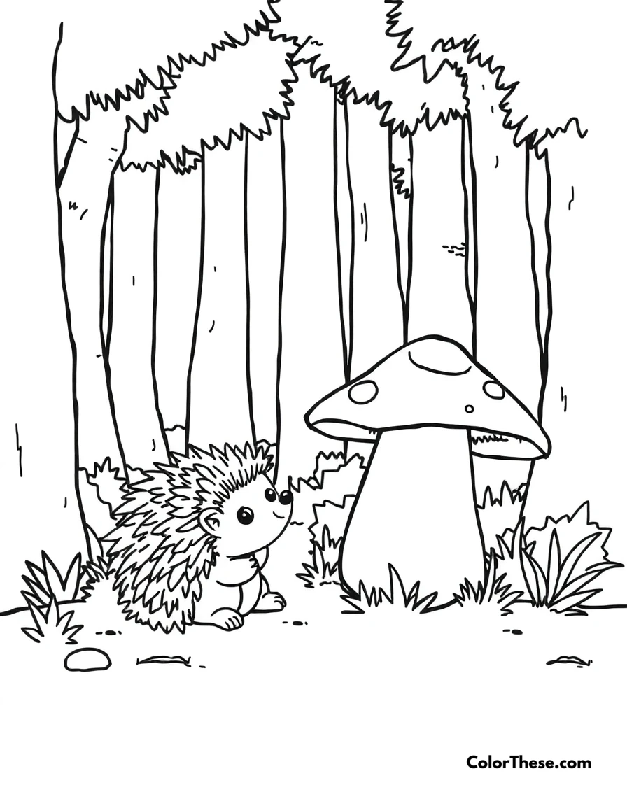 Free printable mushroom and hedgehog scene coloring page for kids and adults. A hedgehog sitting near a mushroom in a forest.