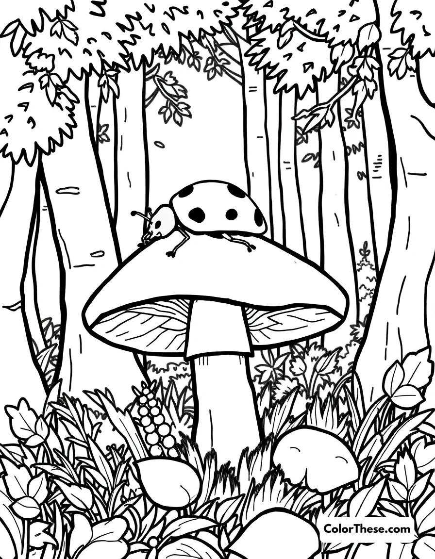 Free printable mushroom and ladybug scene coloring page for kids and adults. A ladybug resting on a mushroom in a forest.