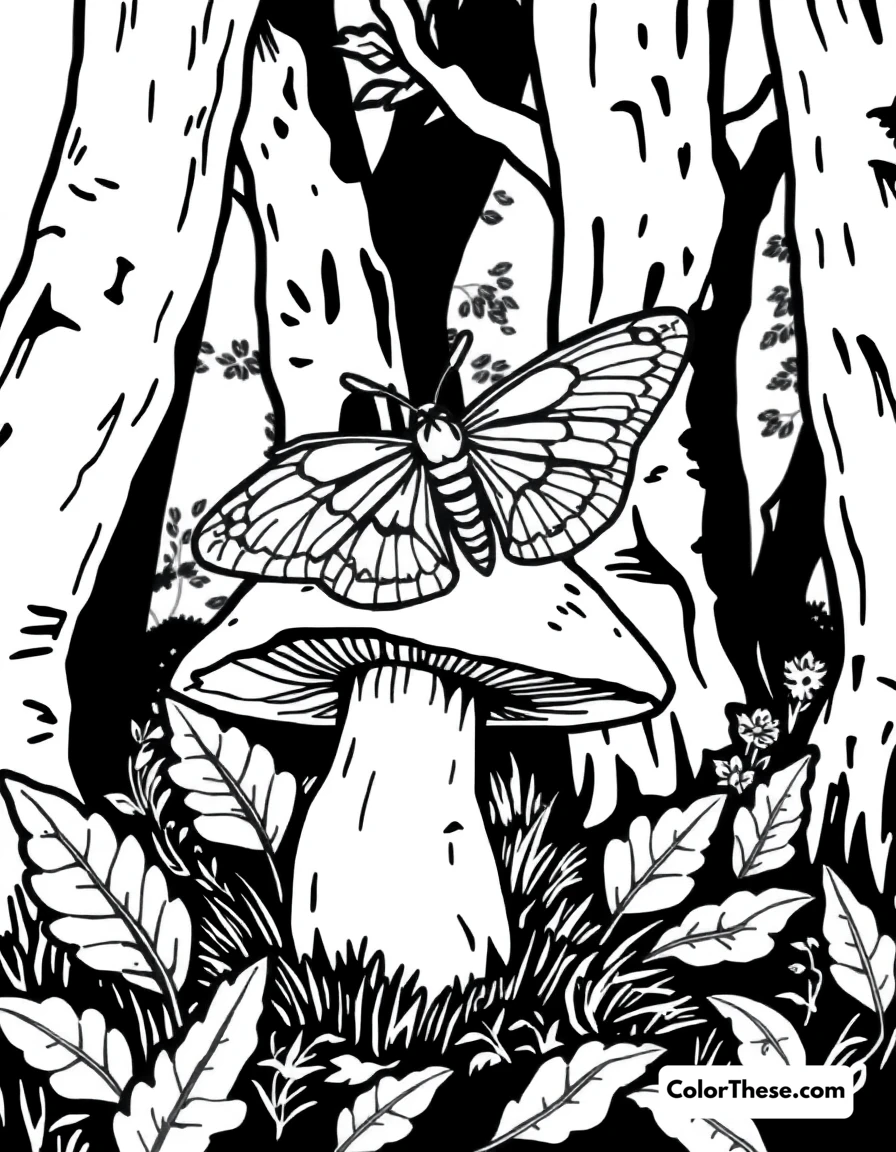 Free printable mushroom and moth scene coloring page for kids and adults. A moth resting on a mushroom in a forest.