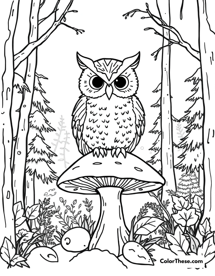 Free printable mushroom and owl scene coloring page for kids and adults. An owl perched on a mushroom in a forest.