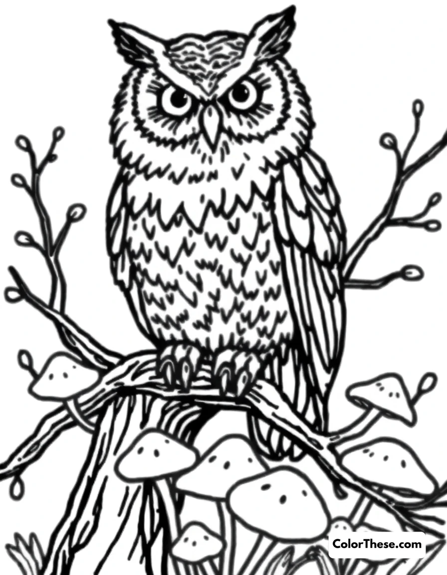 Free printable mushroom and owl tree scene coloring page for kids and adults. An owl perched on a tree branch near mushrooms.