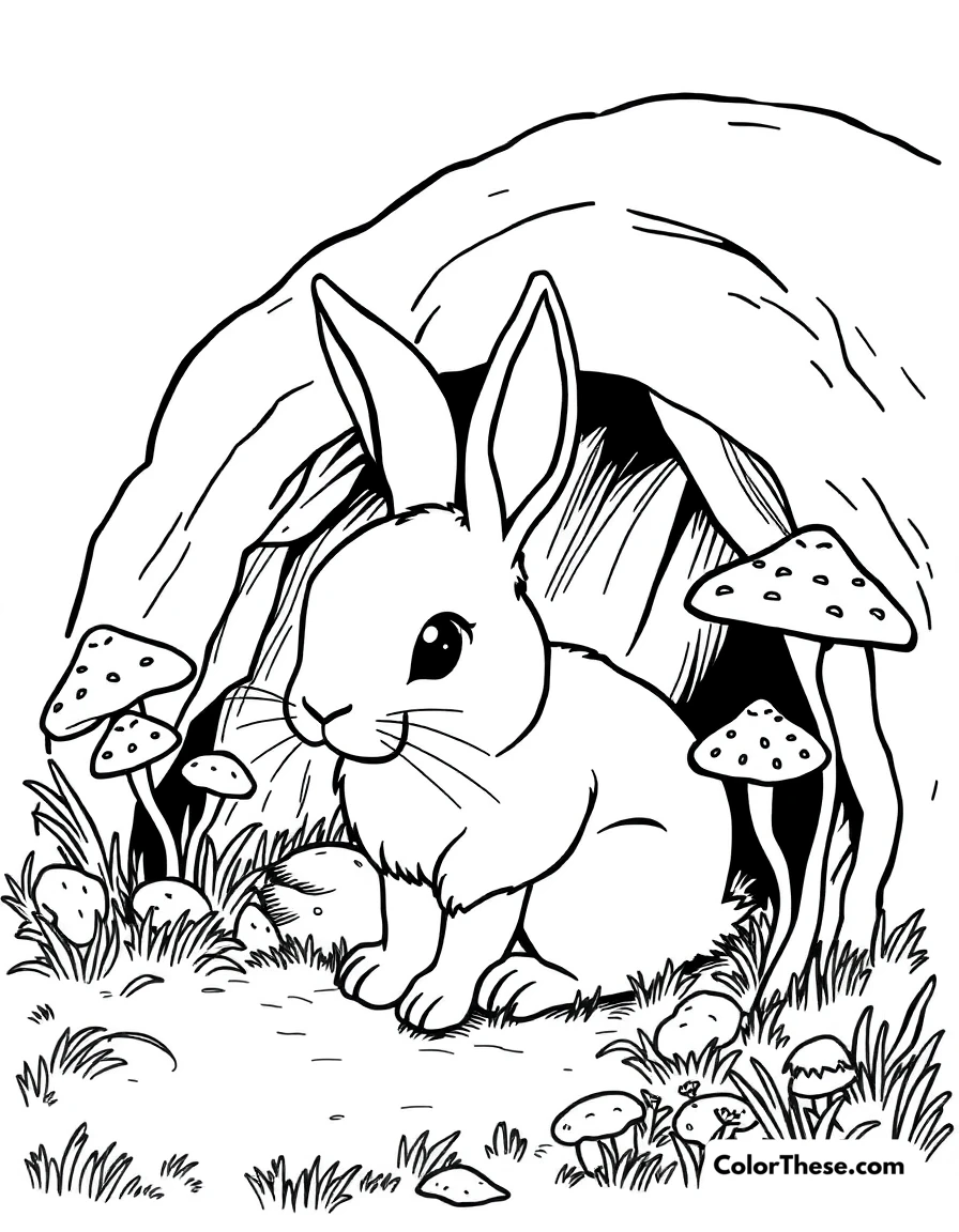 Free printable mushroom and rabbit burrow scene coloring page for kids and adults. A rabbit near its burrow with mushrooms growing nearby.