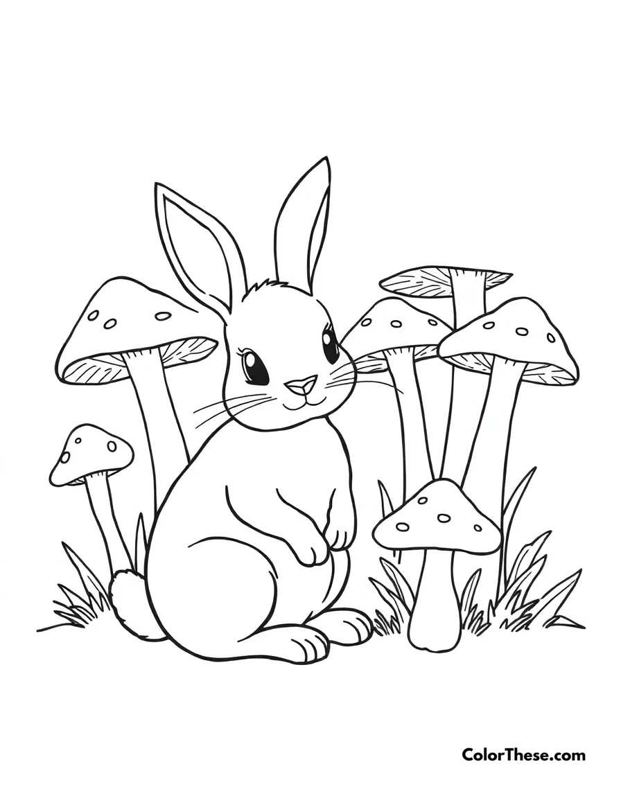 Free printable mushroom and rabbit scene coloring page for kids and adults. A rabbit sitting near a cluster of mushrooms.