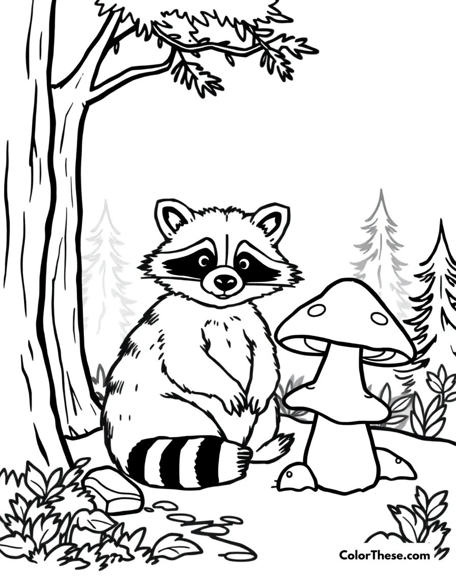 Free printable mushroom and raccoon scene coloring page for kids and adults. A raccoon sitting near a mushroom in a forest.