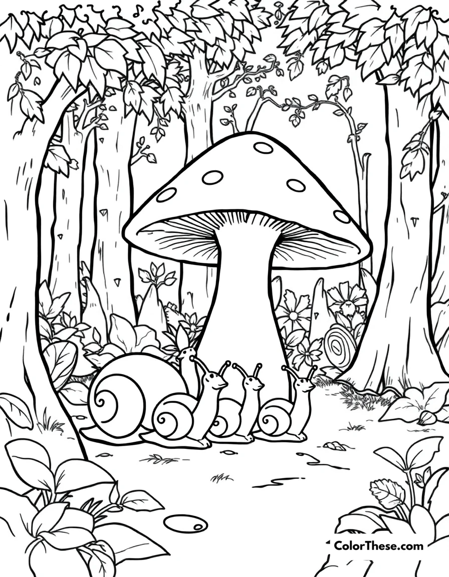 Free printable mushroom and snail family scene coloring page for kids and adults. A family of snails near a mushroom in a forest.