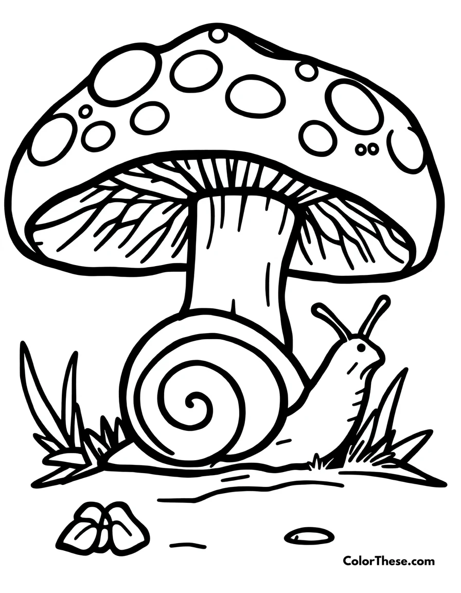 Free printable mushroom and snail scene coloring page for kids and adults. A snail resting under a large mushroom.