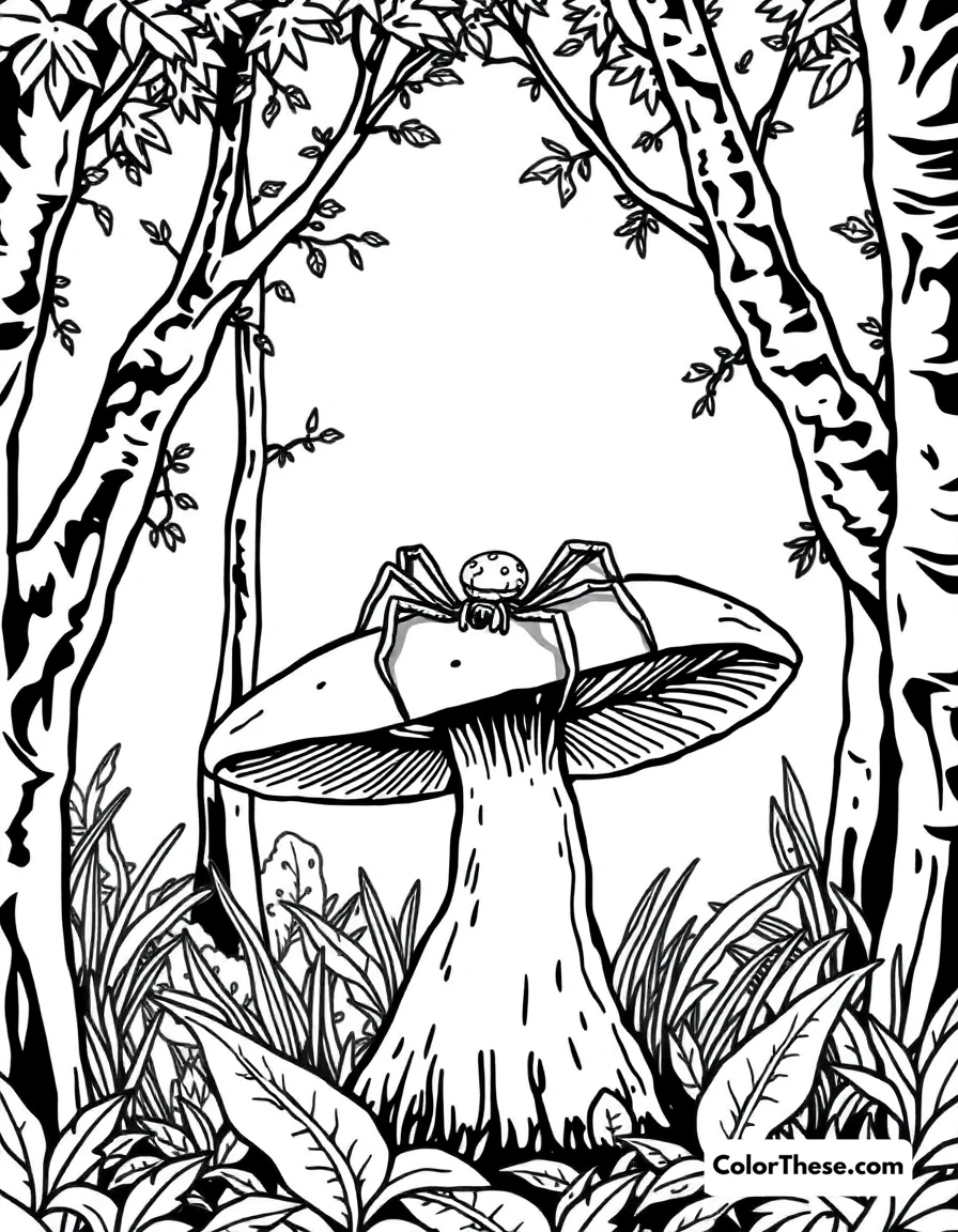 Free printable mushroom and spider scene coloring page for kids and adults. A spider resting on a mushroom in a forest.