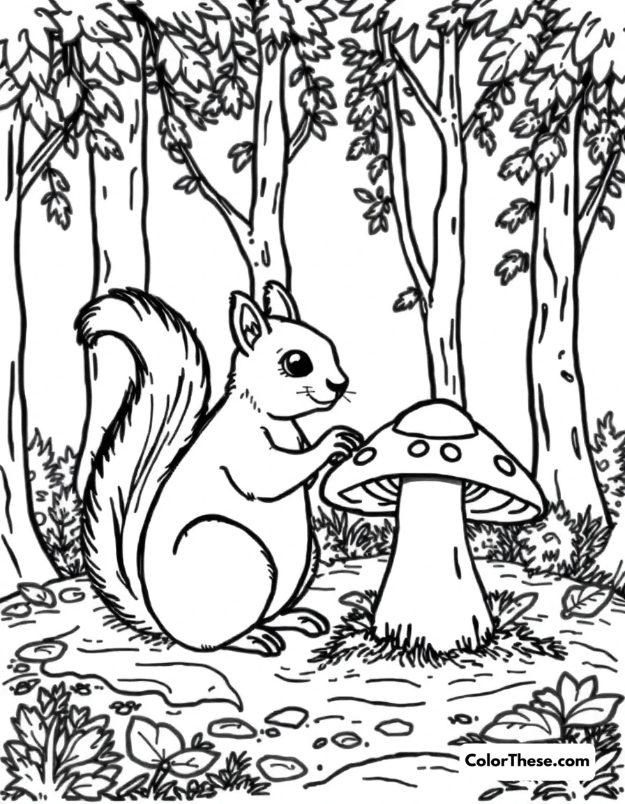 Free printable mushroom and squirrel scene coloring page for kids and adults. A squirrel sitting near a mushroom in a forest.
