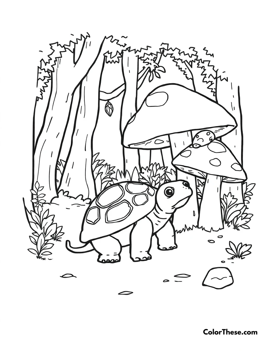 Free printable mushroom and turtle scene coloring page for kids and adults. A turtle sitting near a mushroom in a forest.