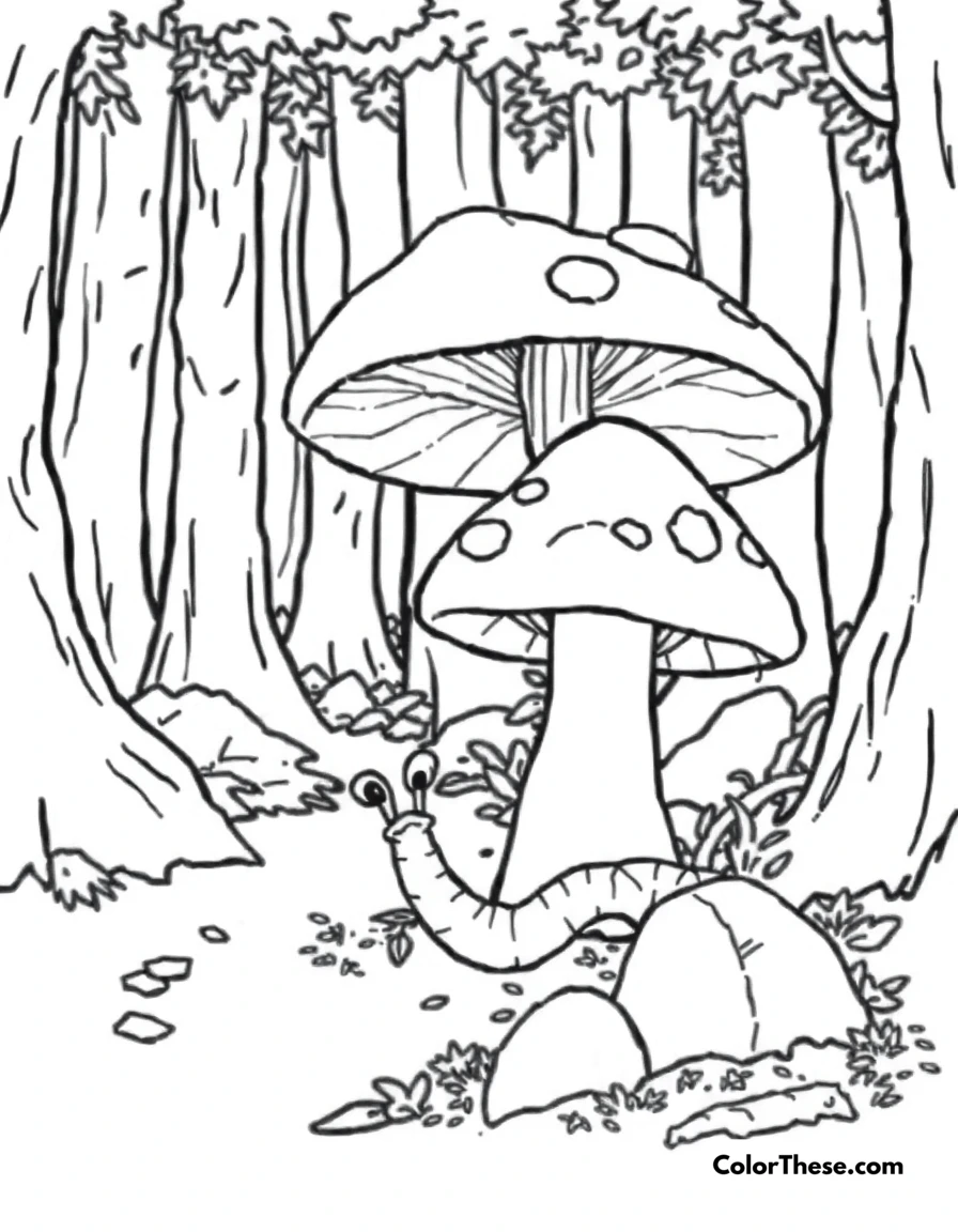 Free printable mushroom and worm scene coloring page for kids and adults. A worm crawling near a mushroom in a forest.
