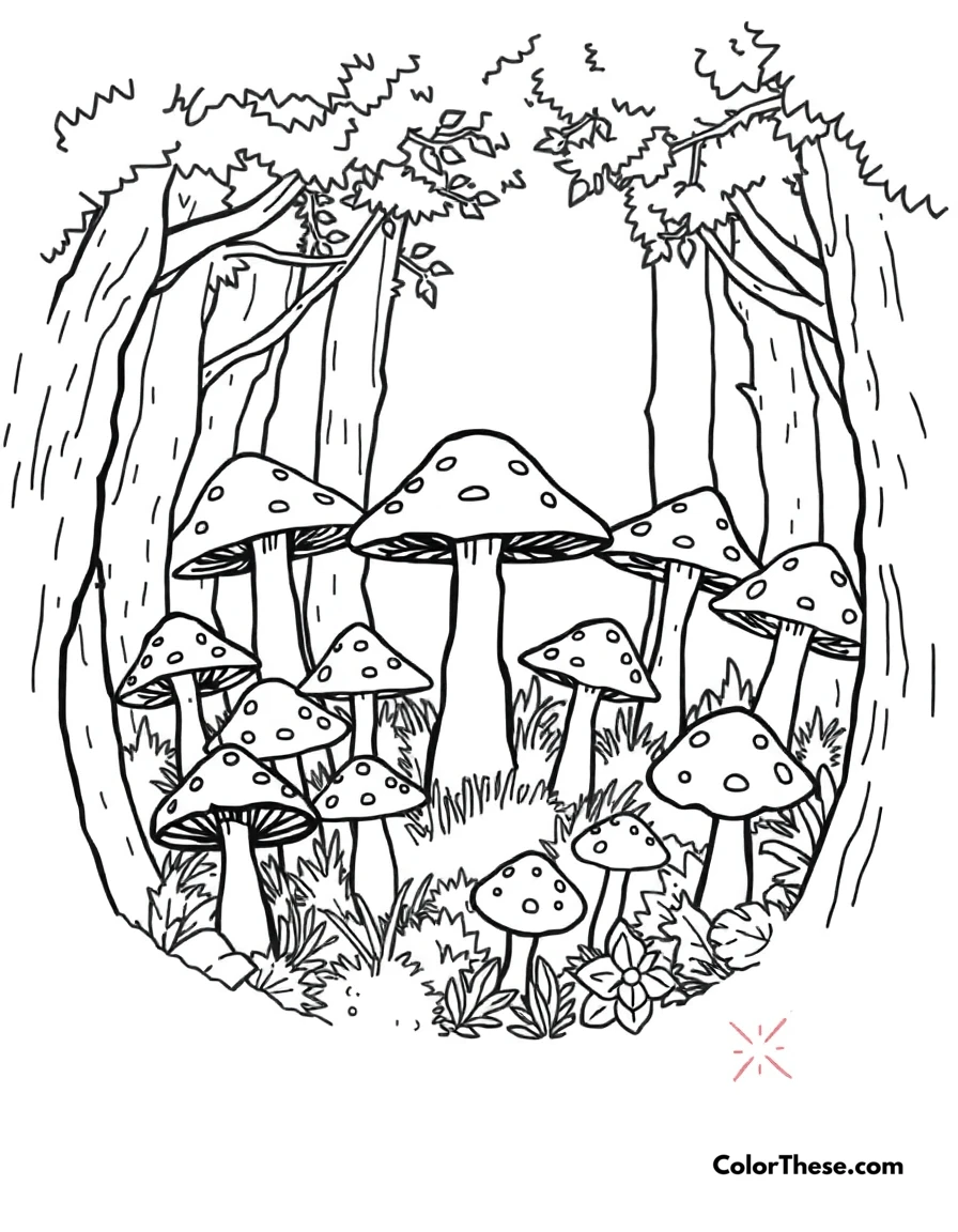 Free printable mushroom circle coloring page for kids and adults. A circle of mushrooms in a forest.