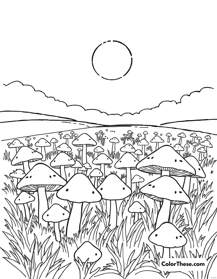 Free printable mushroom field coloring page for kids and adults. A field of mushrooms under a sunny sky.