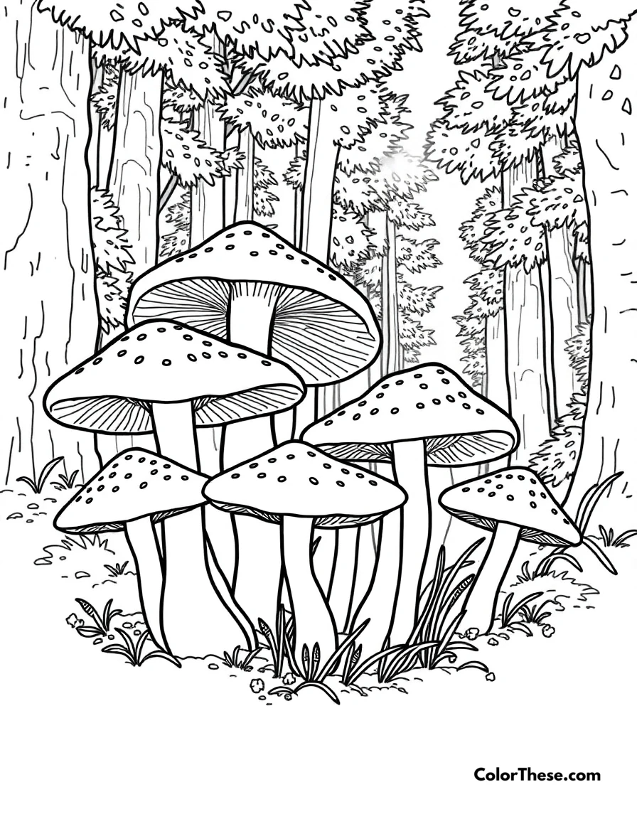 Free printable realistic forest mushrooms coloring page for kids and adults. A cluster of realistic mushrooms growing in a forest.