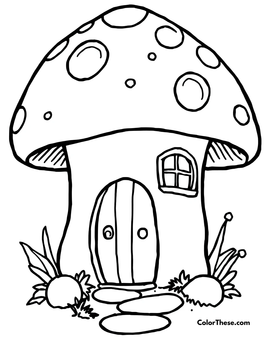 Free printable whimsical mushroom house coloring page for kids and adults. A whimsical mushroom house with a door and windows.