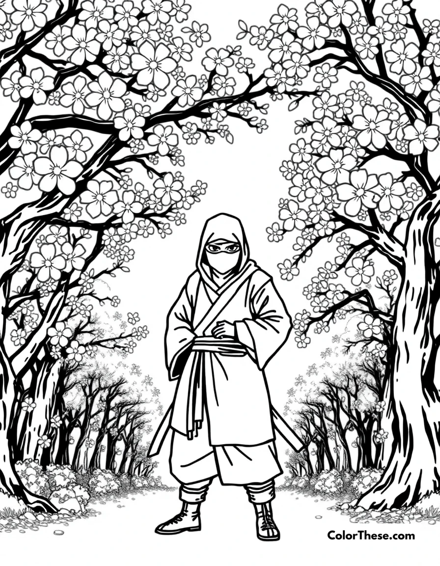 Free printable ninja in a cherry blossom grove coloring page for kids and adults. A ninja standing in a serene cherry blossom grove.