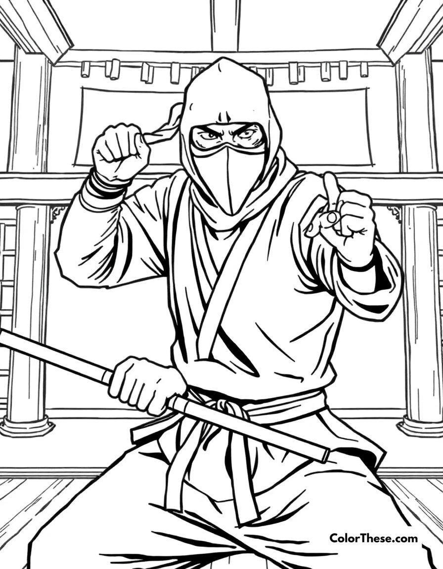 Free printable ninja in a dojo coloring page for kids and adults. A ninja training in a traditional dojo.