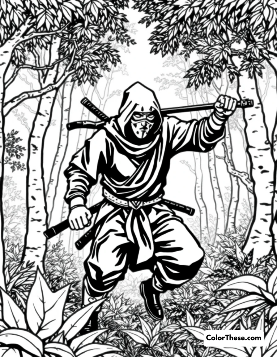 Free printable ninja in a forest coloring page for kids and adults. A ninja moving silently through a dense forest.
