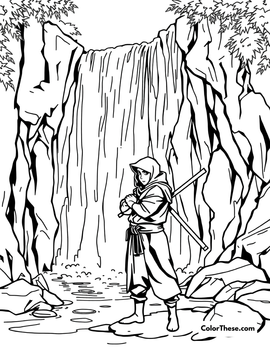 Free printable ninja in a waterfall coloring page for kids and adults. A ninja standing under a cascading waterfall.