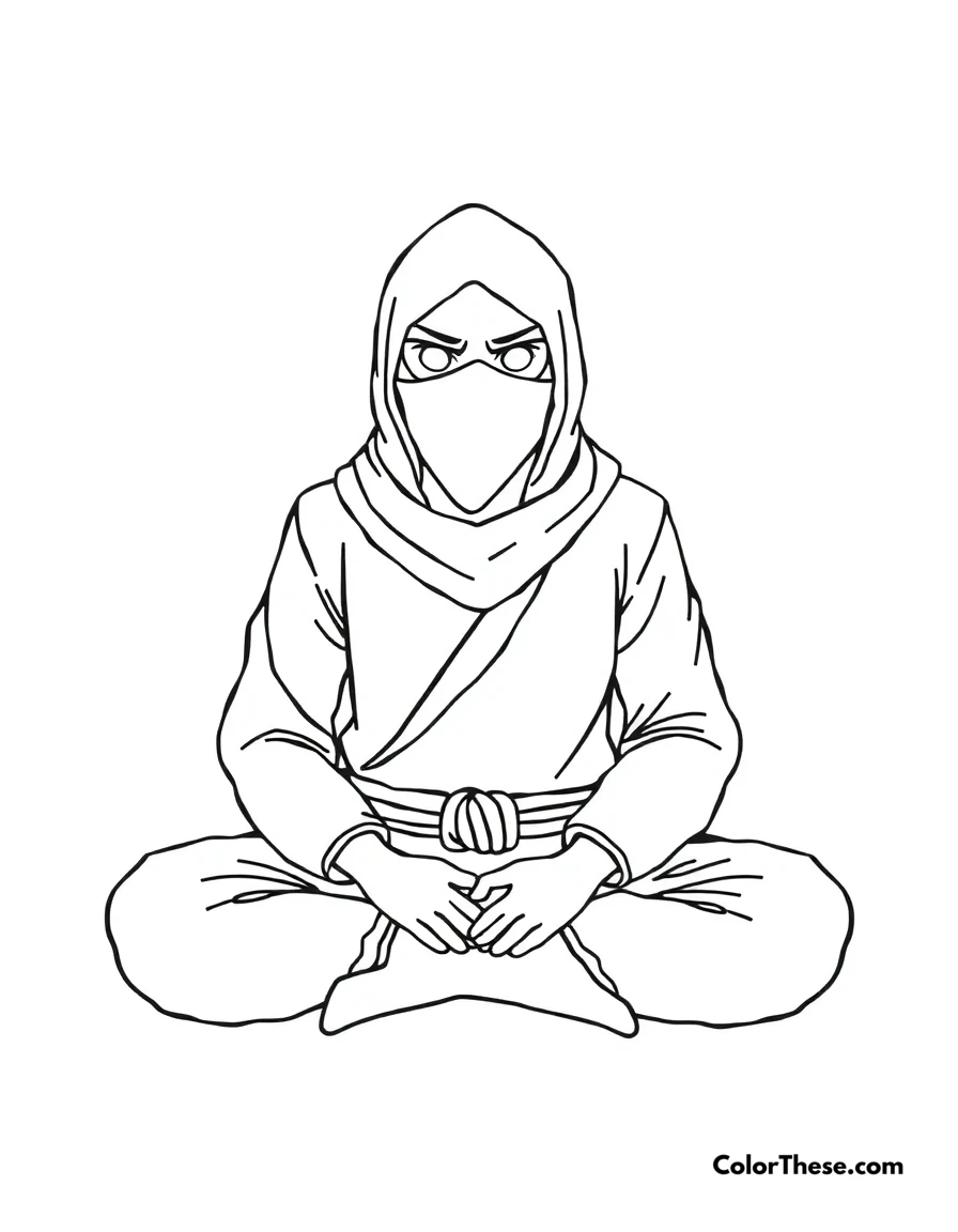 Free printable ninja meditating coloring page for kids and adults. A ninja sitting in meditation, focused and calm.