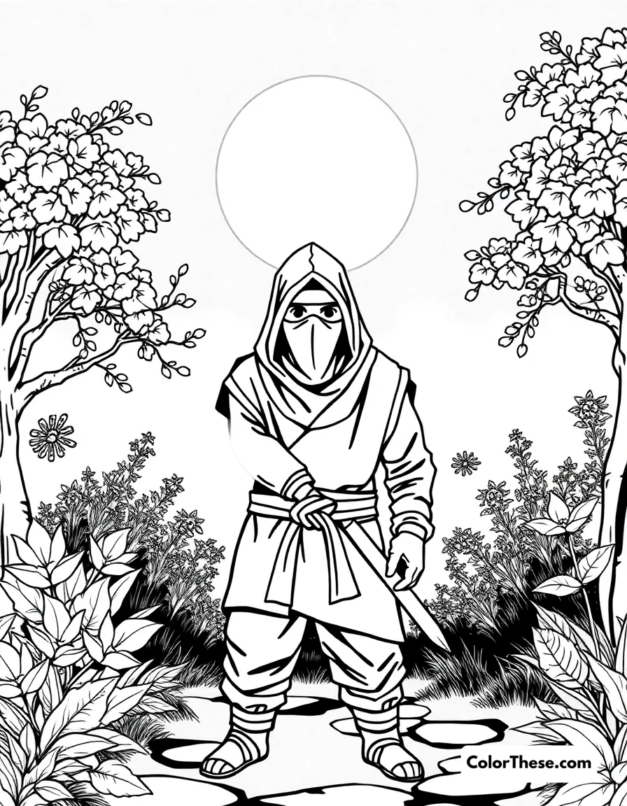 Free printable ninja in a moonlit garden coloring page for kids and adults. A ninja standing in a peaceful moonlit garden.