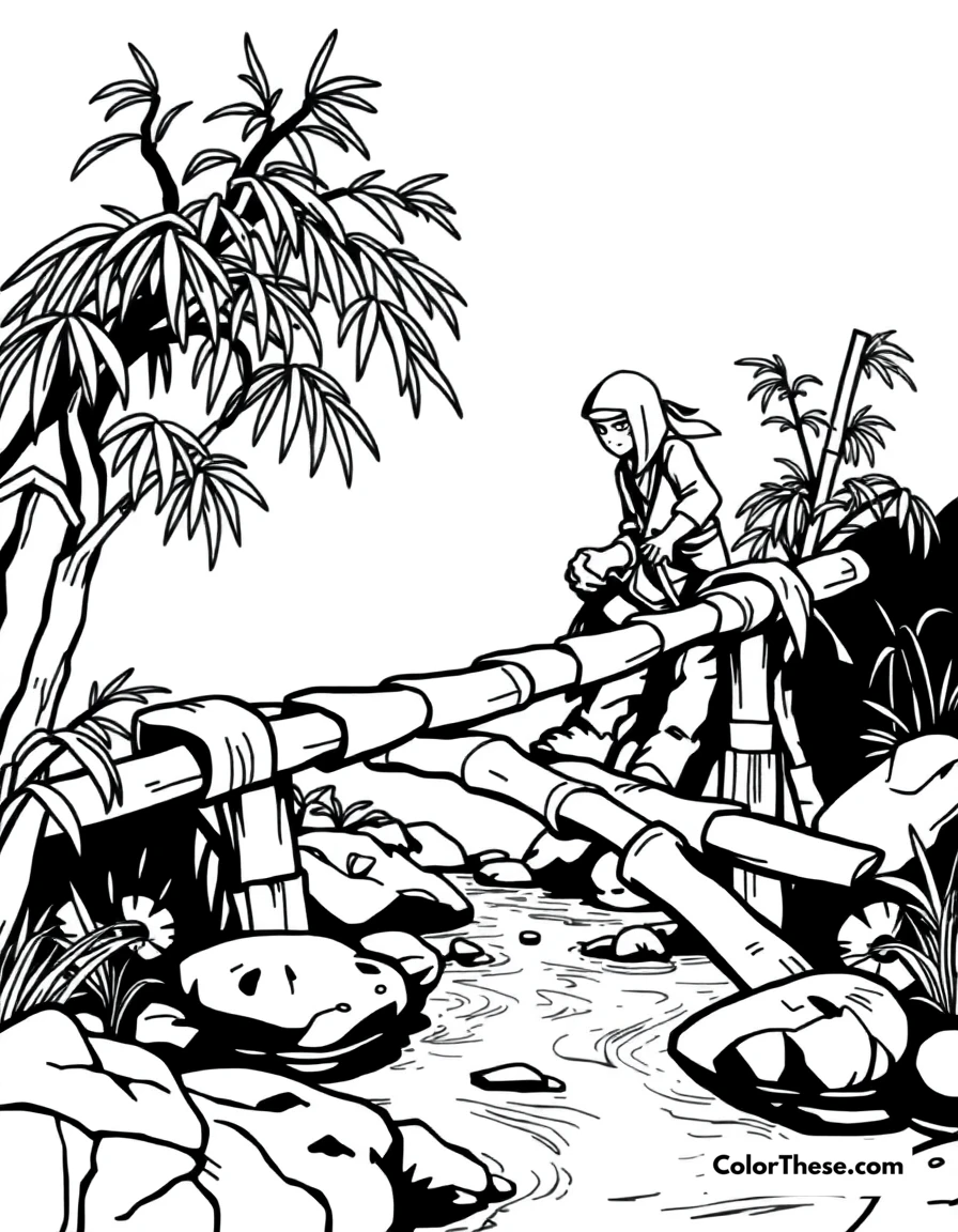 Free printable ninja on a bamboo bridge coloring page for kids and adults. A ninja crossing a bamboo bridge over a stream.
