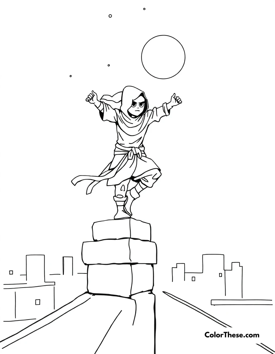 Free printable ninja on a rooftop coloring page for kids and adults. A ninja balancing on a rooftop under the night sky.