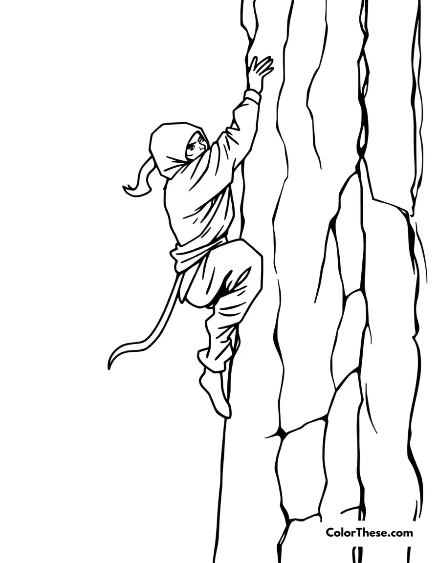 Free printable ninja scaling a wall coloring page for kids and adults. A ninja climbing a tall wall with ease.